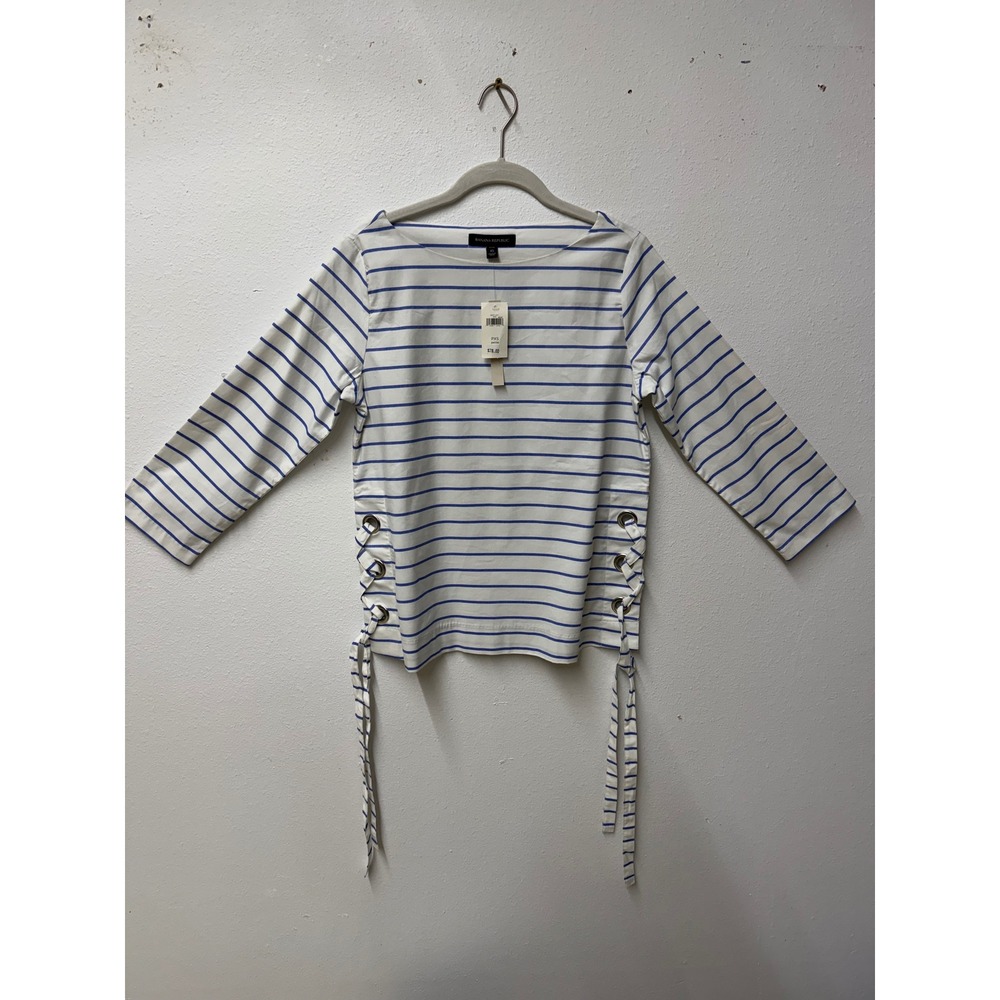 Banana Republic Striped Boatneck Lace Up Side‎ Top Blue White Petite XS